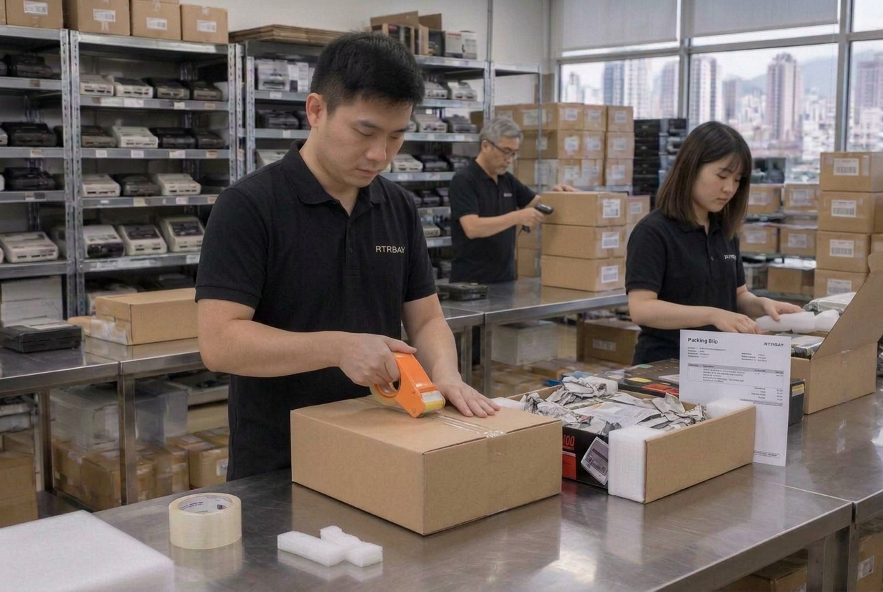 Illustration of three distinct NOVABIT technicians protecting retro consoles and original retail boxes